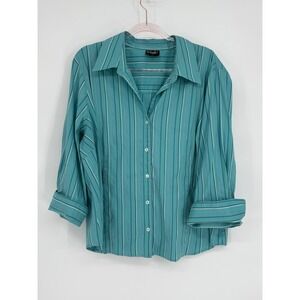 Rafaella Teal Blue‎ Stripe Button Up Collared Shirt Womens Plus Size 20W
